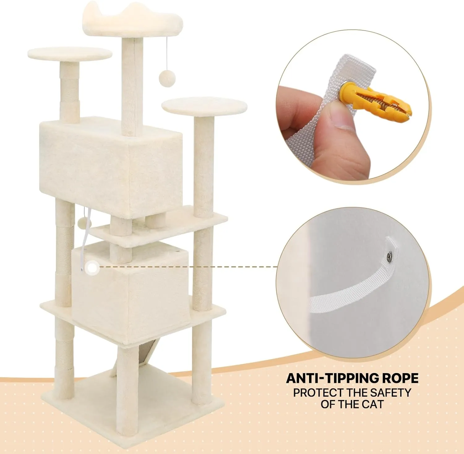 MoNiBloom 60 Inch Cat Tree Tower for Indoor Cats Large Adults, Cat Tower with Scratching Post, Multi-Level Furniture Activity Center with Cat Condo Pet Play House, Beige