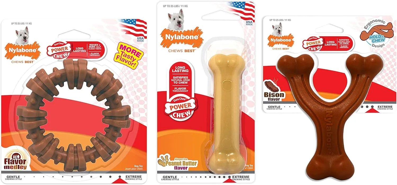 Nylabone Customer Favorites Power Chew Toy Bundle for Dogs, Indestructible Dog Toys for Aggressive Chewers, Pack of 3 Dog Toys, Flavor Medley, Small Dogs - Up to 25 lbs, 3 Pack