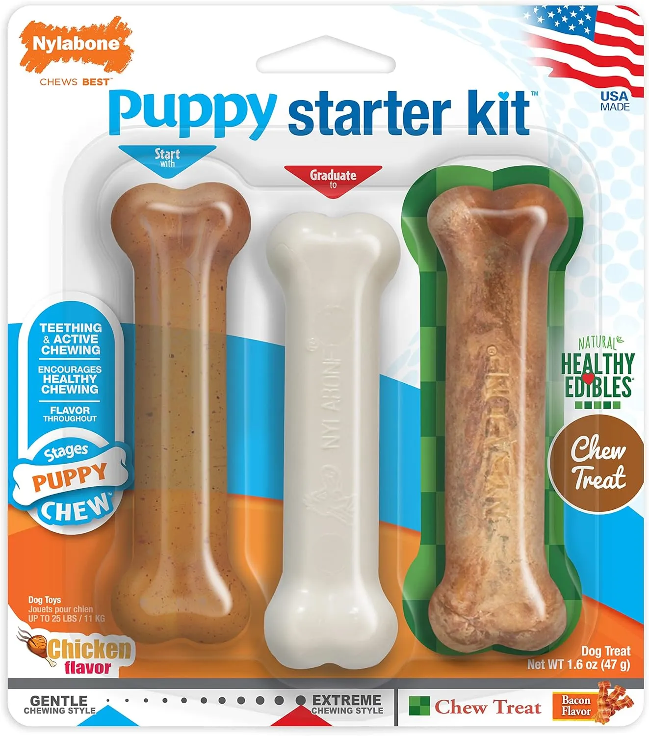 Nylabone New Puppy Starter Kit, 2 Chew Toys and 1 Natural Treat for Puppies, Bacon & Chicken Flavor, Small - Up to 25 lbs, 3 Pack