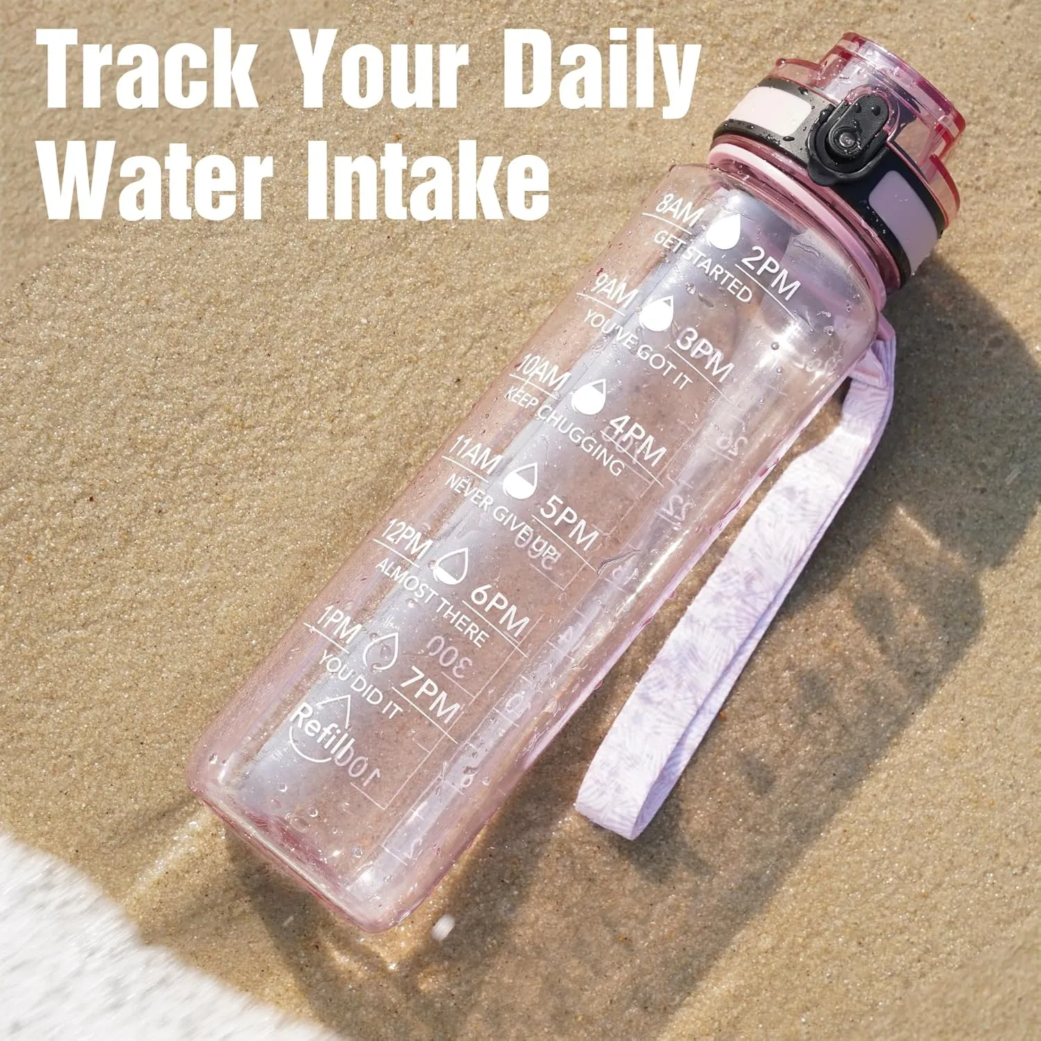 OLDLEY Water Bottle, 32oz Motivational Sports Water Bottle with Time Marker - Times to Drink - Tritan, BPA Free, Wide Mouth Leakproof,Clear Pink