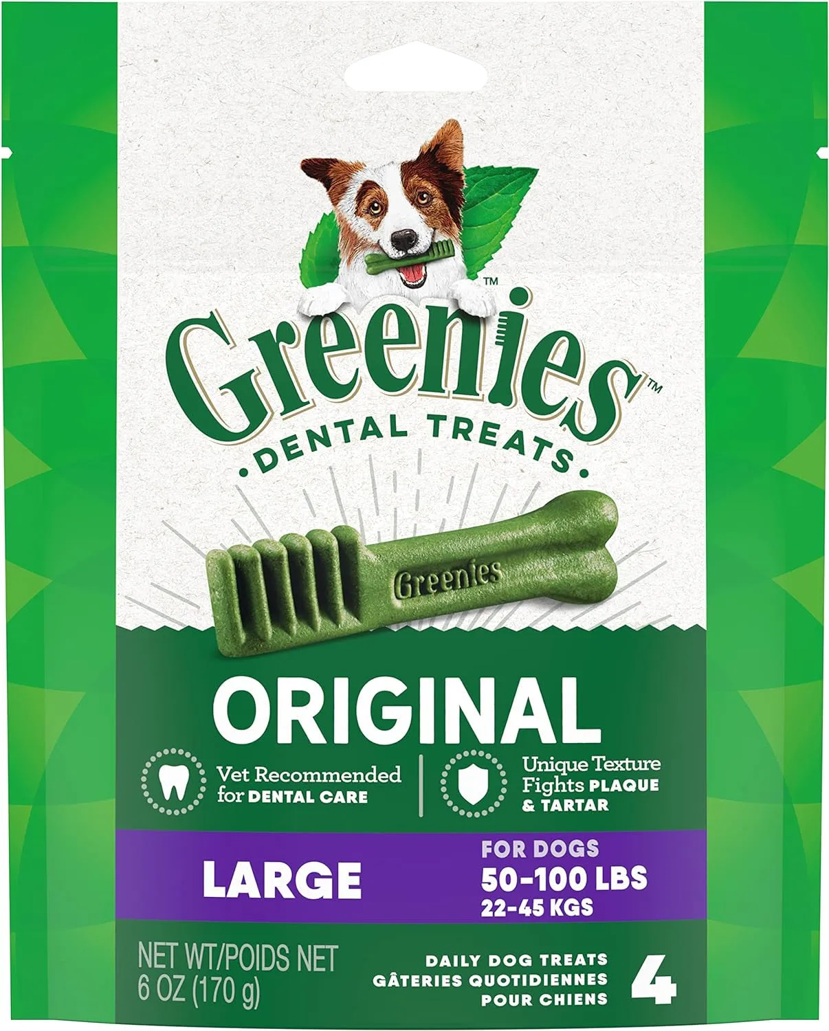 Original Large Natural Dental Care Dog Treats, 6 Oz. Pouch (4 Treats)