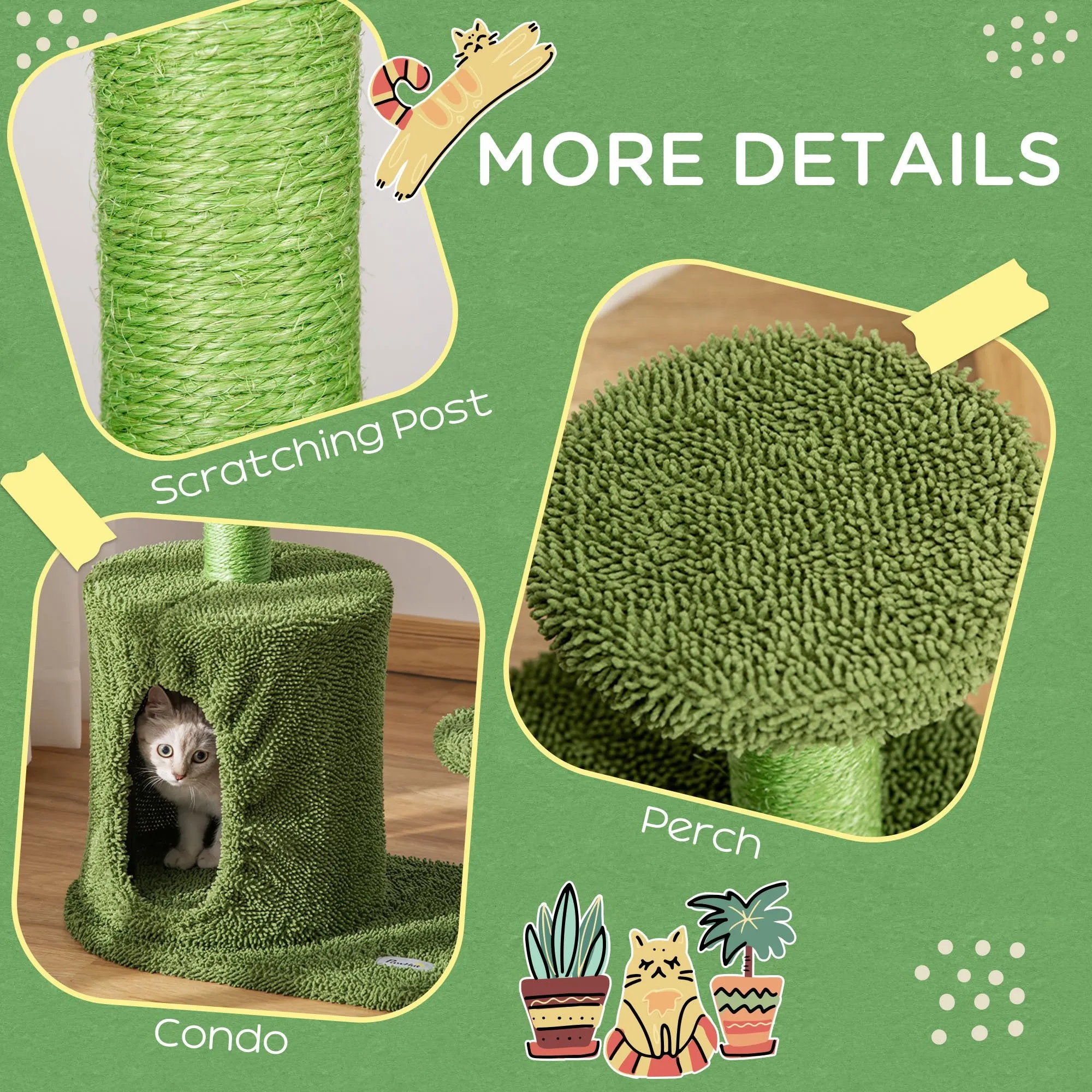 PawHut Cactus Cat Tree Tower Sisal Scratching Post Condo Perch 60 x 35 x 78 cm