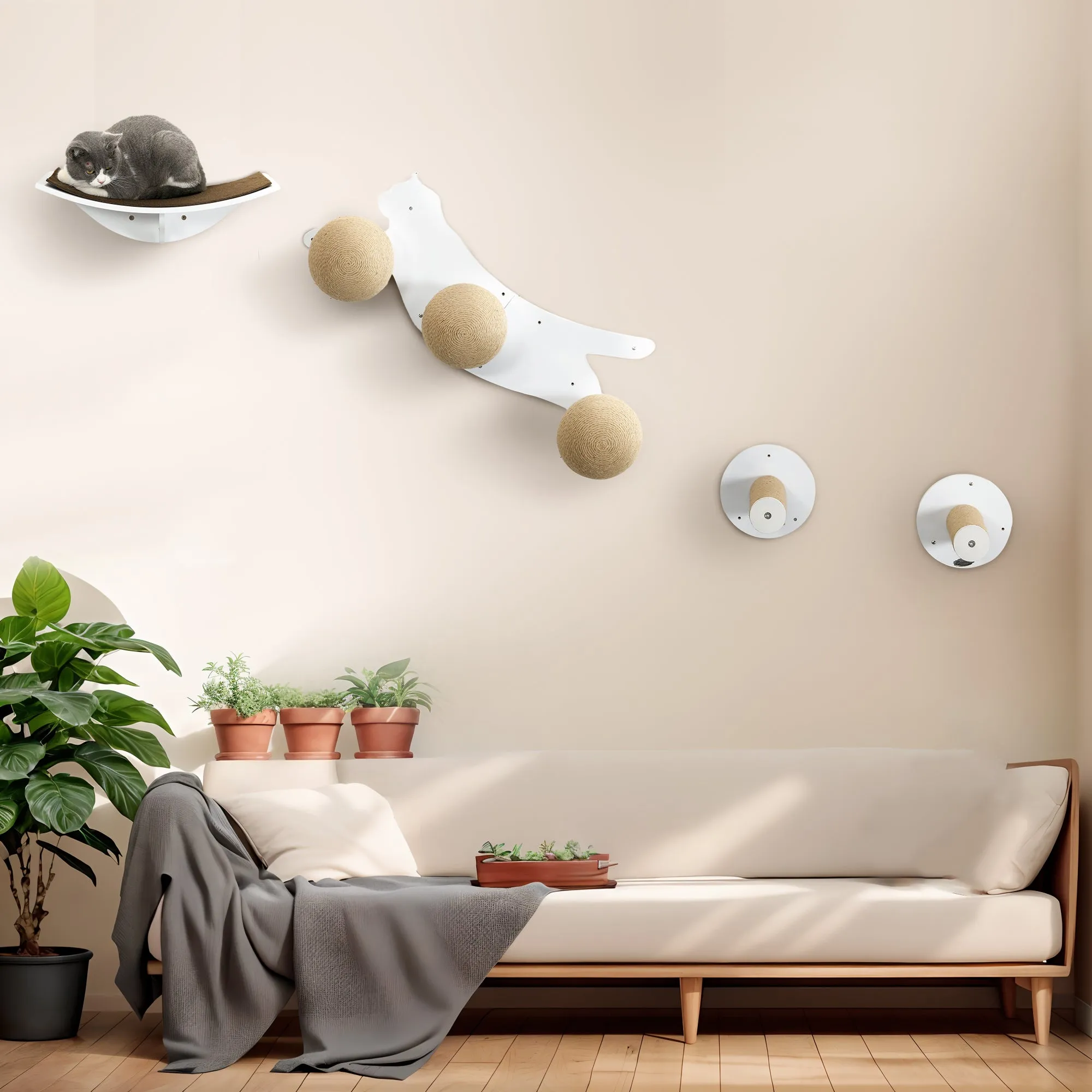 PawHut Cat Wall Furniture w/ Curved Platforms, Scratching Posts - White