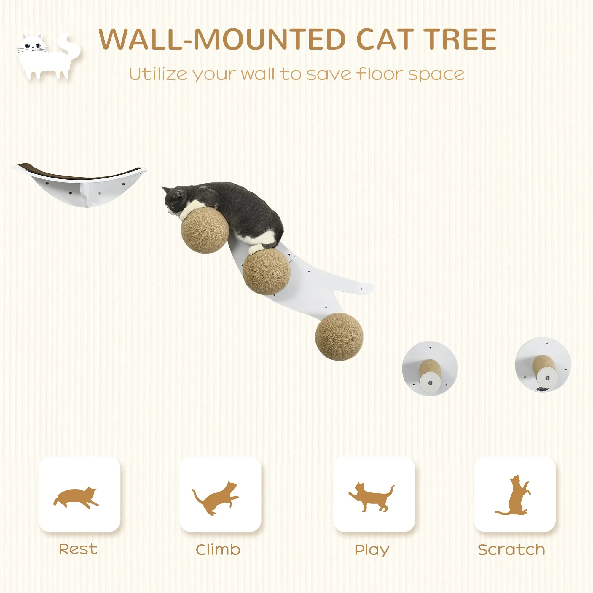 PawHut Cat Wall Furniture w/ Curved Platforms, Scratching Posts - White