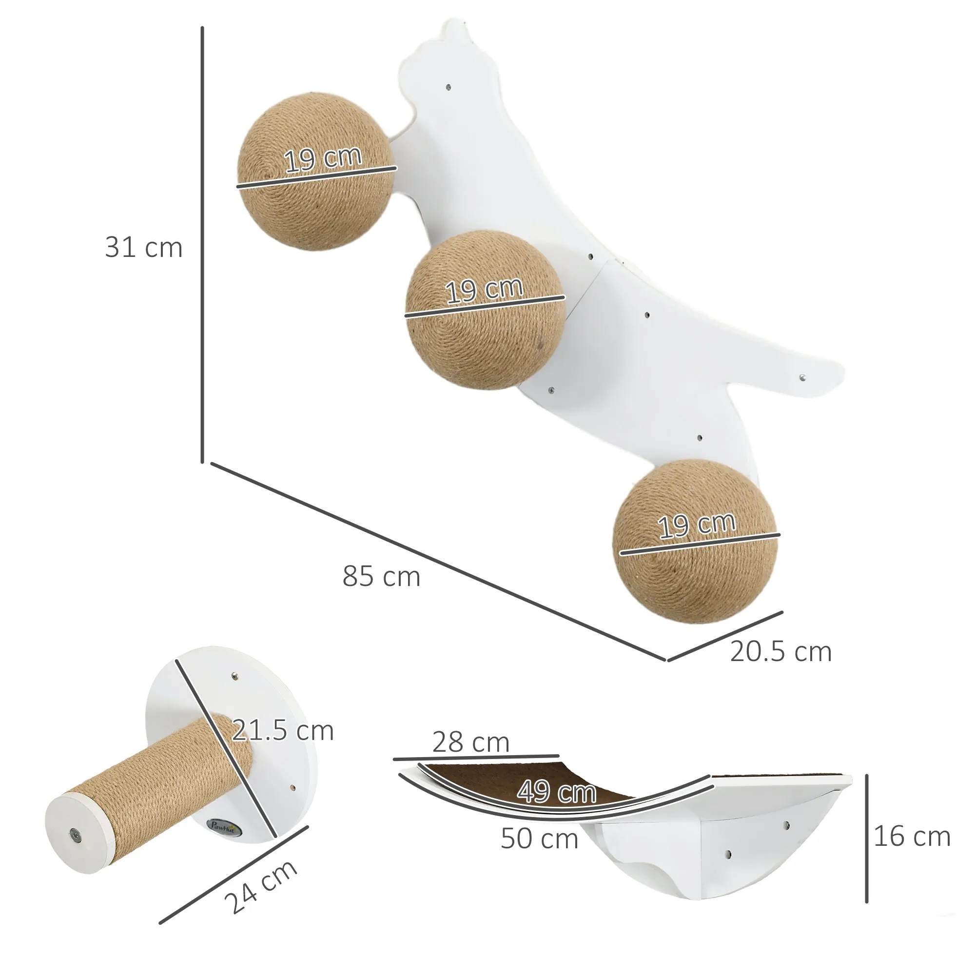 PawHut Cat Wall Furniture w/ Curved Platforms, Scratching Posts - White