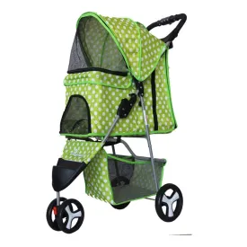 Pet Stroller Cart, One-Click Folding Removable Cat Dog Pushchair Trolley Travel Carrier 4 Wheels, Storage Basket, Front Swivel Wheels (Green)