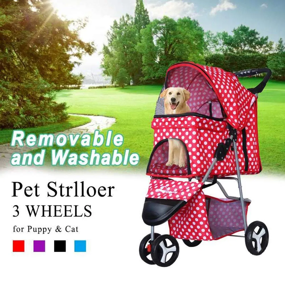 Pet Stroller Cart, One-Click Folding Removable Cat Dog Pushchair Trolley Travel Carrier 4 Wheels, Storage Basket, Front Swivel Wheels (Green)