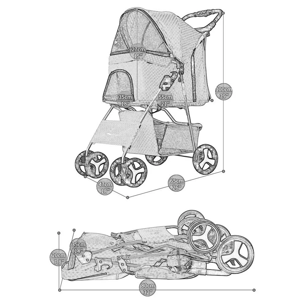 Pet Stroller Cart, One-Click Folding Removable Cat Dog Pushchair Trolley Travel Carrier 4 Wheels, Storage Basket, Front Swivel Wheels (Green)