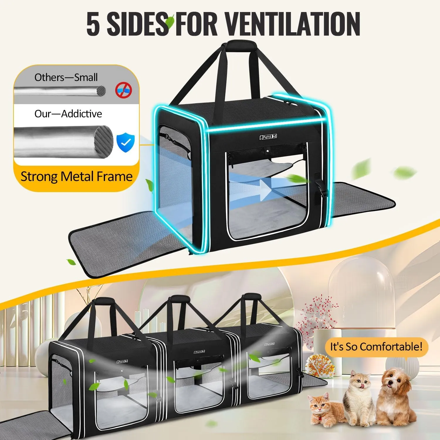 Petskd Combinable Pet Carrier for Large Cat or Medium Dog, 18"x17"x17" Large Cat Carrier for Car Travel, 2 Small Pet Soft Carriers with Food Bag, Bowl and Safety Locking Zippers for Vet, Camping