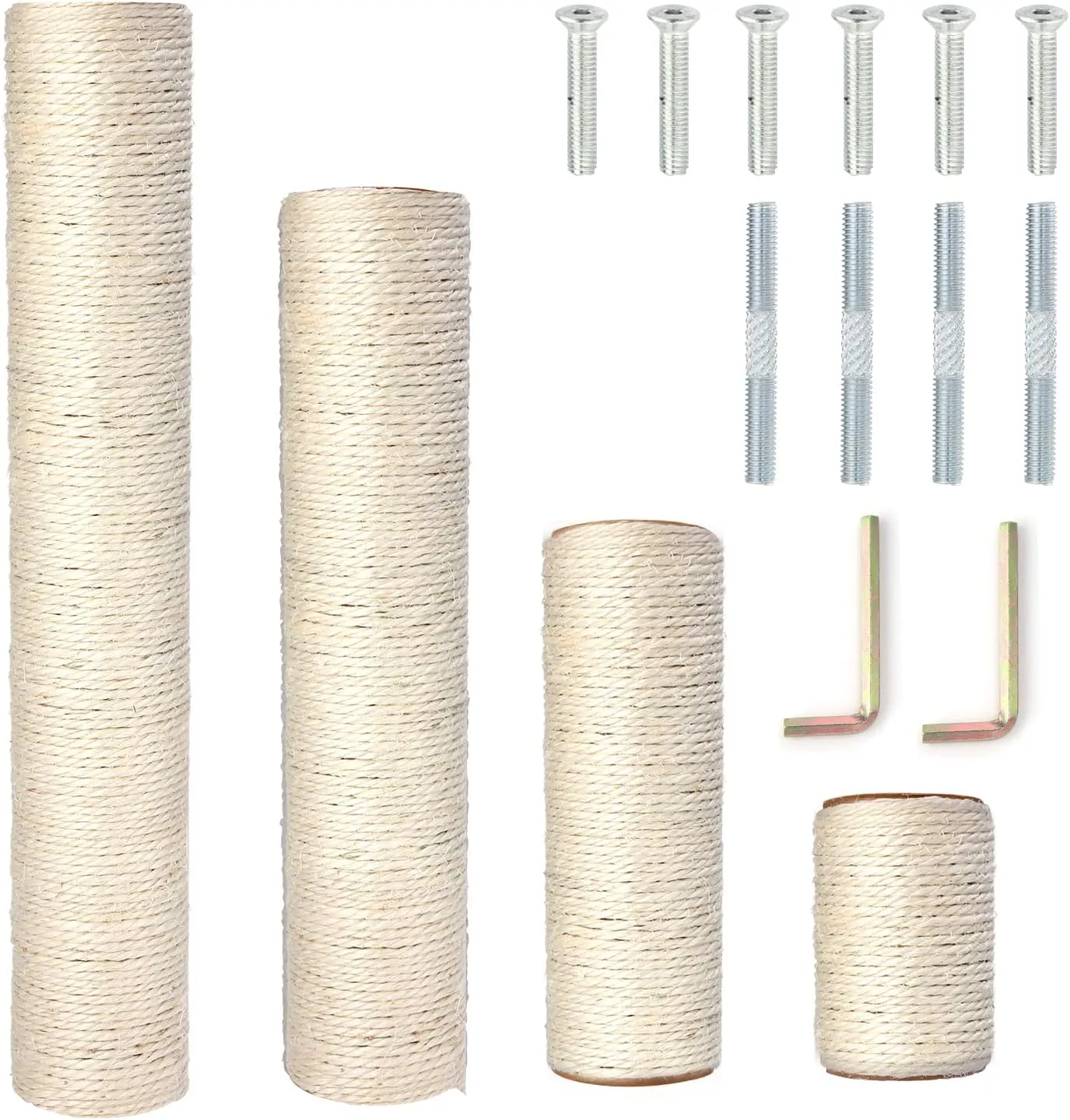 PowerKing Natural Sisal Replacement Scratching Post, 4 Pieces M8 Cat Scratch Post Refill Pole Parts for Refurbishment, White, Include Screws, 15.74'' 11.88'' 7.87'' 3.93''