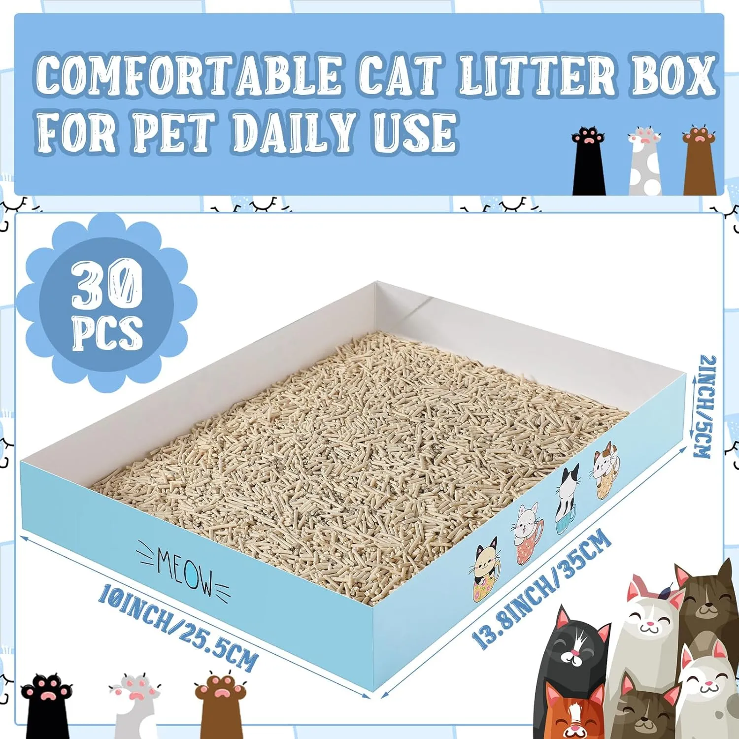 Roshtia 30 Pcs Disposable Cat Litter Box Foldable Paper Kitty Litter Tray 13.8 x 10 x 2 Inch Portable Kitten Litter Box Low Entry Waterproof Lightweight Cardboard Litter Tray (Blue Meow)