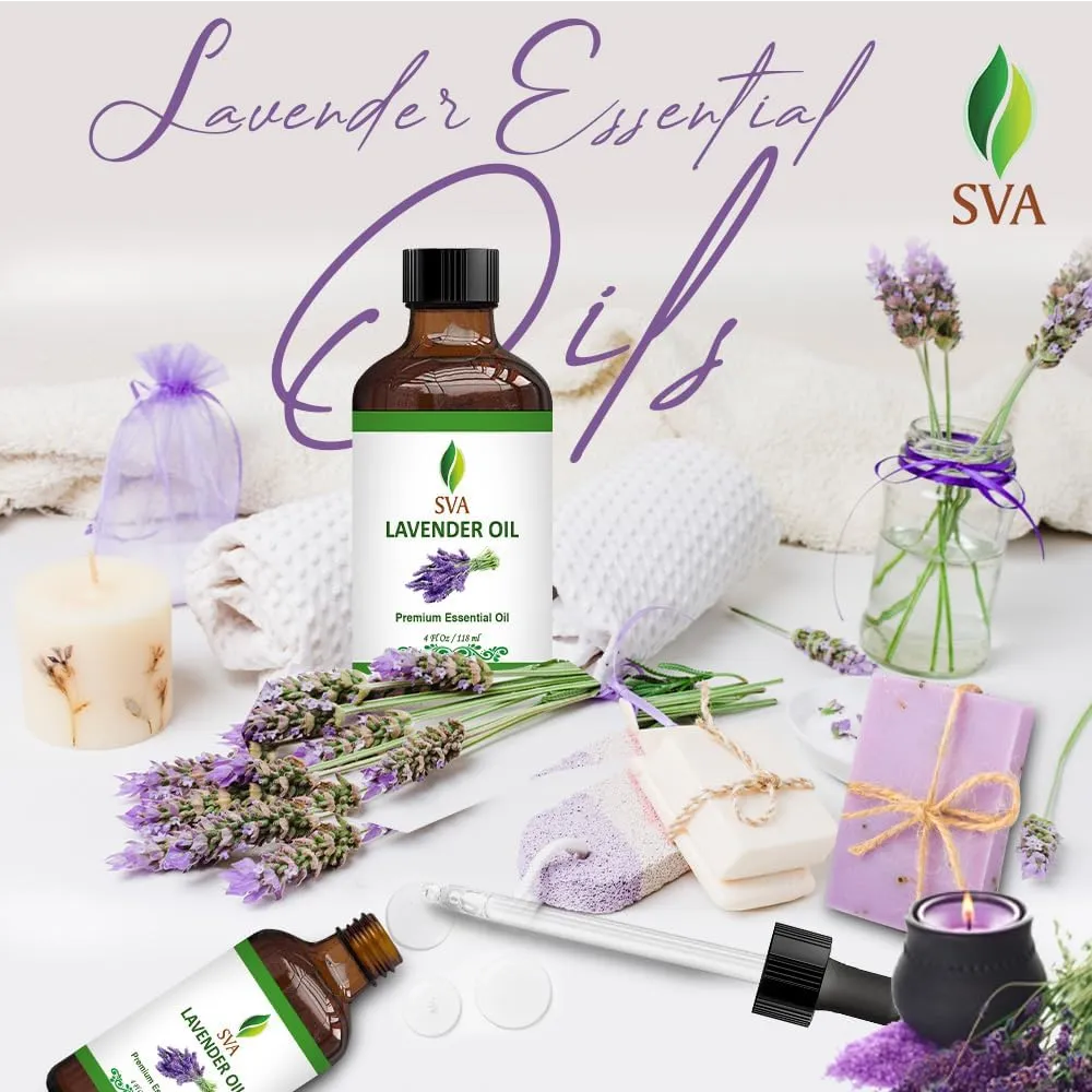 SVA Lavender Essential Oil  4 Fl Oz  100% Natural Lavender Oil - for Diffuser, Hair Care, Face, Skin Care, Aromatherapy, Scalp and Body Massage, Soap and Candle Making  with Dropper