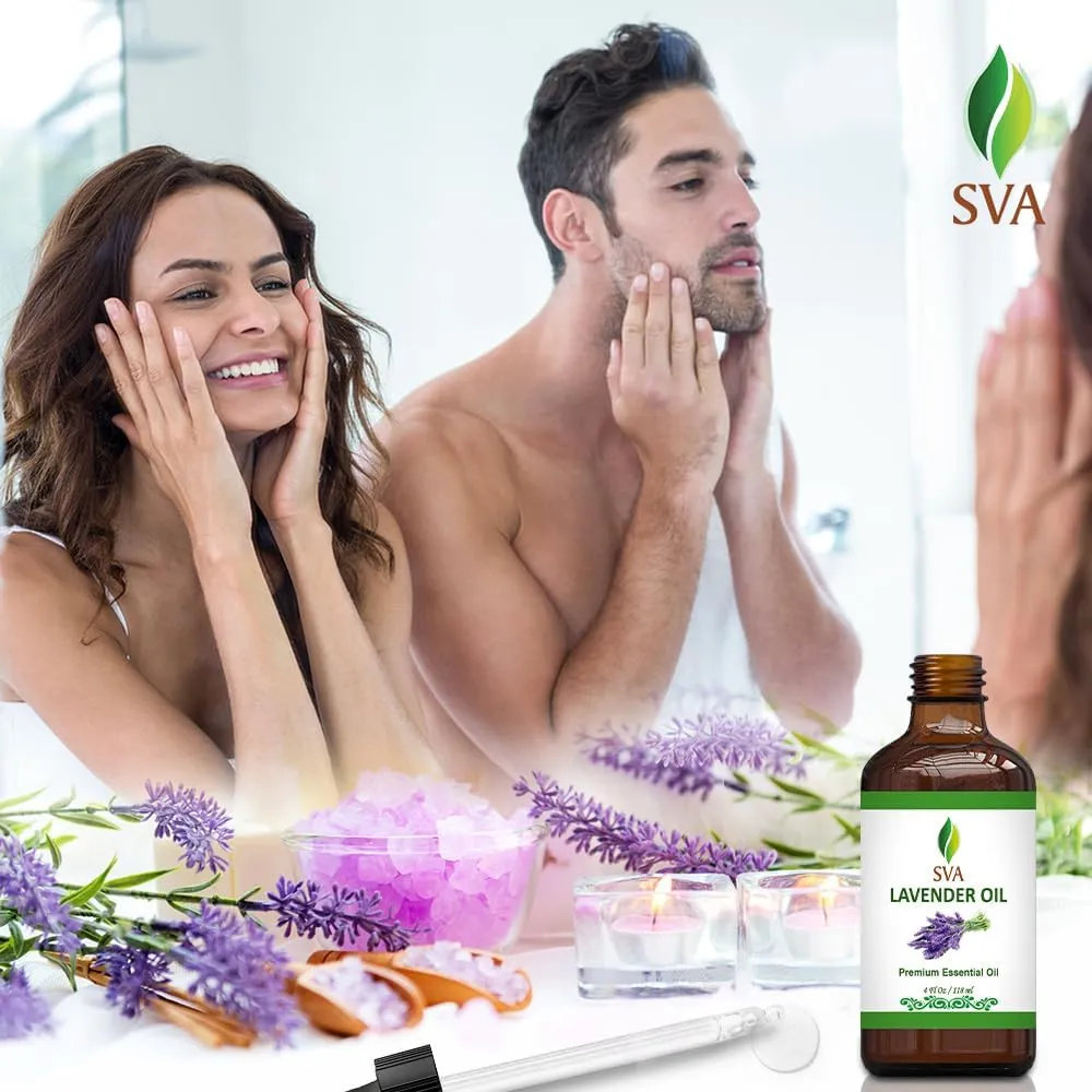 SVA Lavender Essential Oil  4 Fl Oz  100% Natural Lavender Oil - for Diffuser, Hair Care, Face, Skin Care, Aromatherapy, Scalp and Body Massage, Soap and Candle Making  with Dropper
