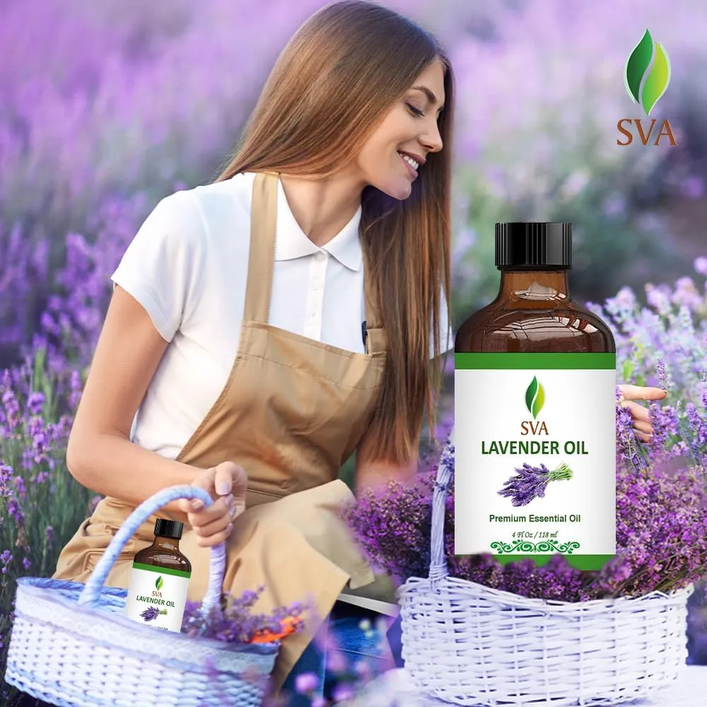 SVA Lavender Essential Oil  4 Fl Oz  100% Natural Lavender Oil - for Diffuser, Hair Care, Face, Skin Care, Aromatherapy, Scalp and Body Massage, Soap and Candle Making  with Dropper