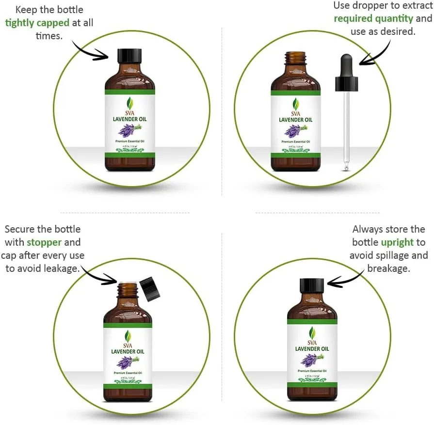 SVA Lavender Essential Oil  4 Fl Oz  100% Natural Lavender Oil - for Diffuser, Hair Care, Face, Skin Care, Aromatherapy, Scalp and Body Massage, Soap and Candle Making  with Dropper