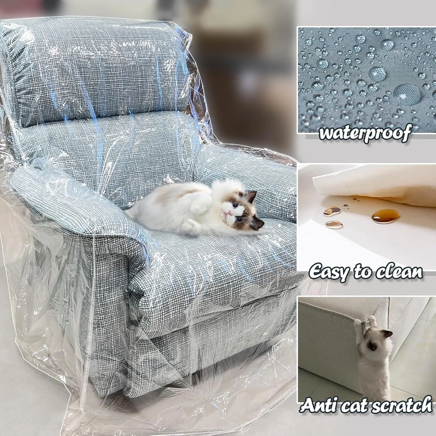 Swanna Plastic Recliner Furniture Cover  Clear Moving Bag for Couch, Heavy Duty Waterproof Cover Pets | Cat Scratching Protector,Plastic Chair Cover 42" BH x 25" AH x 36W x 40D (Armchair-2 Pack)