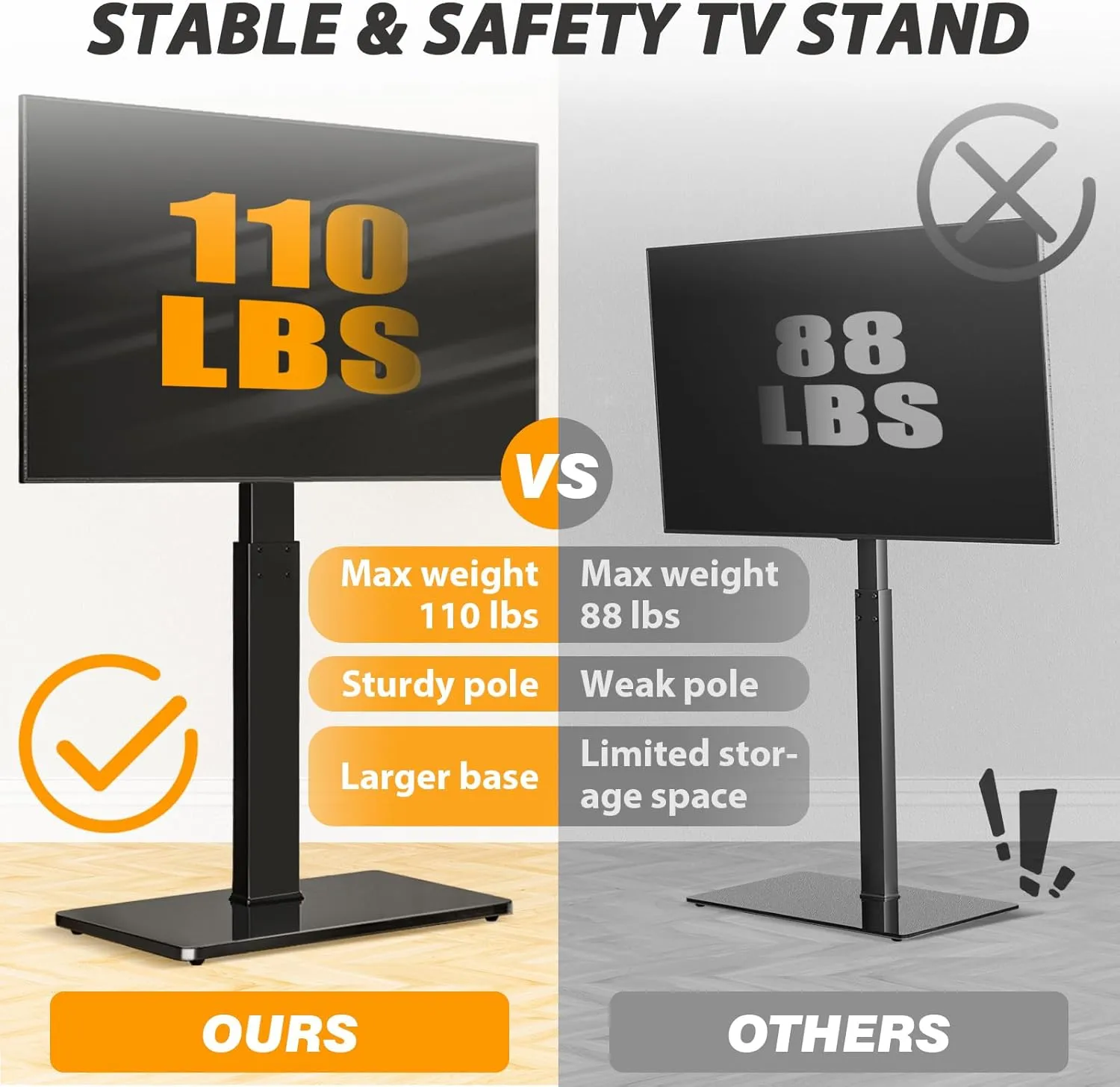 TAVR Universal Floor TV Stand Base for 32-75 Inch TVs up to 110 Lbs with Swivel Height Adjustable Mount, Black Tempered Glass Base for Media Storage and Space Saving
