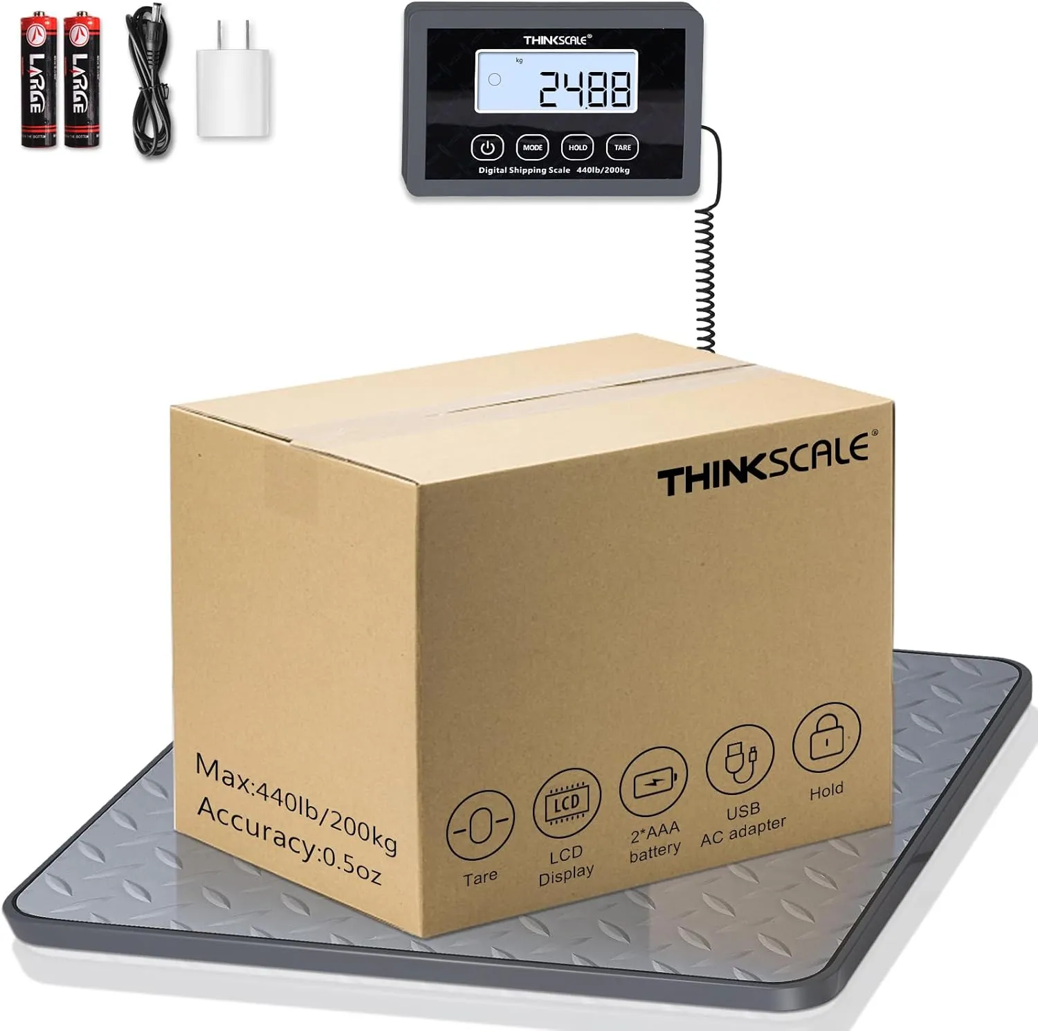 THINKSCALE Digital Shipping Postal Scale, 440 lb/1oz High Accuracy Postage Scale, Hold/Tare Function, Lightweight Scale for Packages/Luggage/Warehouse/Home, Commercial Weight Scale, Battery&AC Adapter