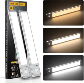 Under Cabinet Lights,76 LED Operated Motion Sensor Light Indoor,1500mAh USB Rechargeable Closet Lights, 2 Pack Magnetic Dimmable Closet LightsWireless Under Counter Lights for Kitchen, Stairs