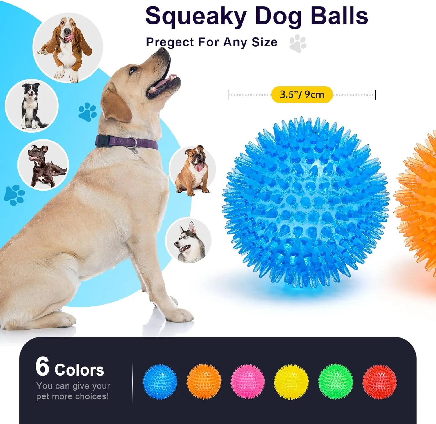 VITEVER 3.5 Squeaky Dog Toy Balls (6 Colors) Puppy Chew Toys for Teething, BPA Free Non-Toxic, Spikey Dog Balls for Medium, Large & Small Dogs, Durable Toys for Aggressive Chewers