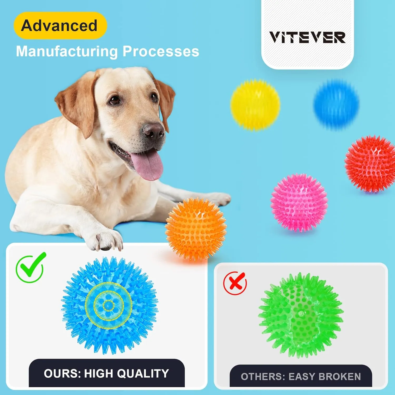 VITEVER 3.5 Squeaky Dog Toy Balls (6 Colors) Puppy Chew Toys for Teething, BPA Free Non-Toxic, Spikey Dog Balls for Medium, Large & Small Dogs, Durable Toys for Aggressive Chewers