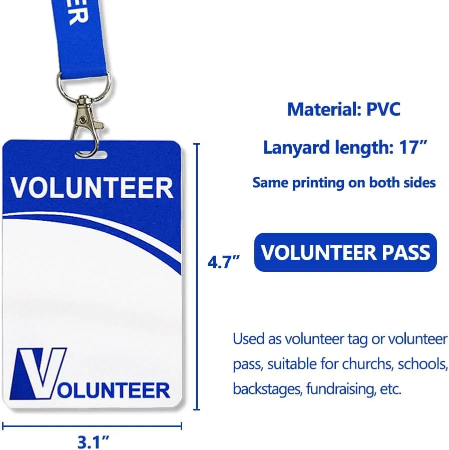 Volunteer ID Badge Card with Lanyard Clip - Reusable Identified Pass, Heavy Duty Plastic Name Tag for School, Church, Event, Backstage, Fundraising (5 pcs)