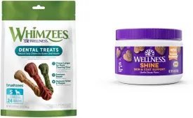WHIMZEES by Wellness Brushzees Dental Chews for Dogs, Small Breed, 24 count   Wellness Skin & Coat Soft Chew Dog Supplements, Barkin' Bacon Flavored, 45 Count