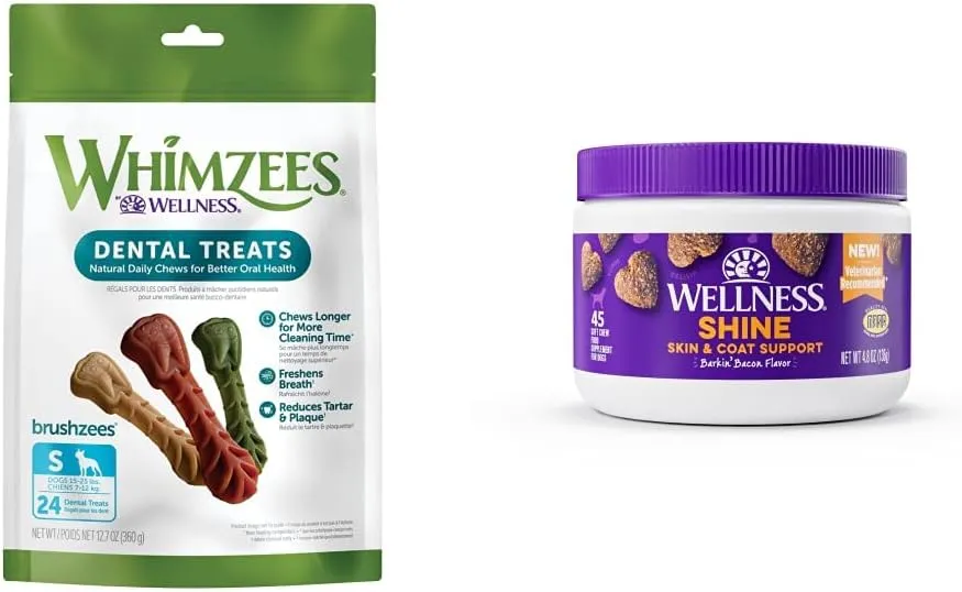 WHIMZEES by Wellness Brushzees Dental Chews for Dogs, Small Breed, 24 count   Wellness Skin & Coat Soft Chew Dog Supplements, Barkin' Bacon Flavored, 45 Count