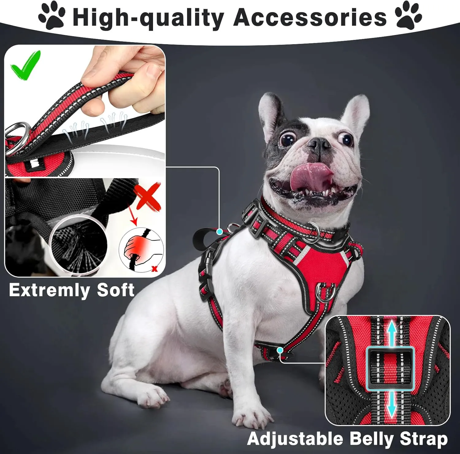 WINSEE Pet Harness Collar and Leash Set, All-in-one Reflective Dog Harness No Pull with Adjustable Buckles for Puppies, Small, Medium, Large, and Extra-Large Dogs (Large, Red)