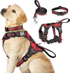 WINSEE Pet Harness Collar and Leash Set, All-in-one Reflective Dog Harness No Pull with Adjustable Buckles for Puppies, Small, Medium, Large, and Extra-Large Dogs (Large, Red)
