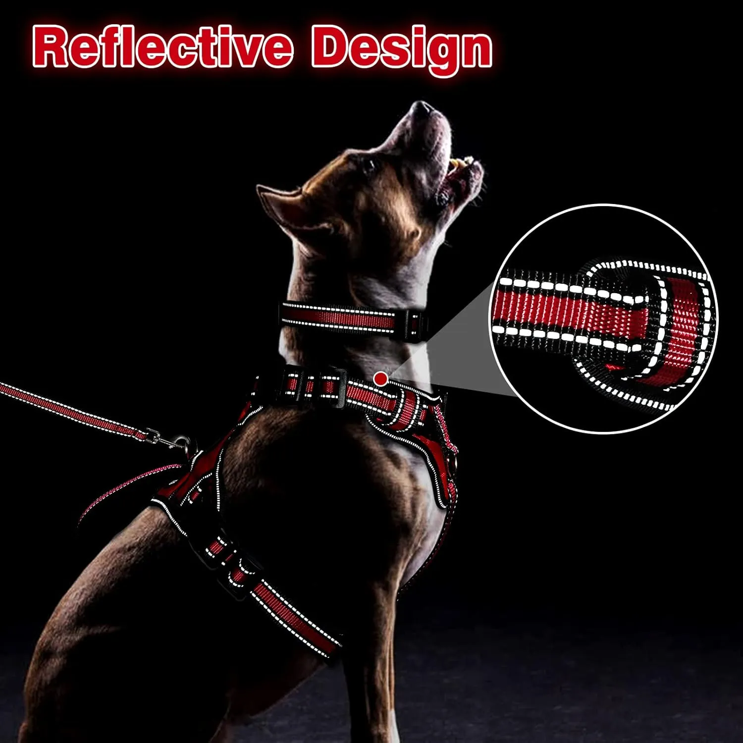 WINSEE Pet Harness Collar and Leash Set, All-in-one Reflective Dog Harness No Pull with Adjustable Buckles for Puppies, Small, Medium, Large, and Extra-Large Dogs (Large, Red)