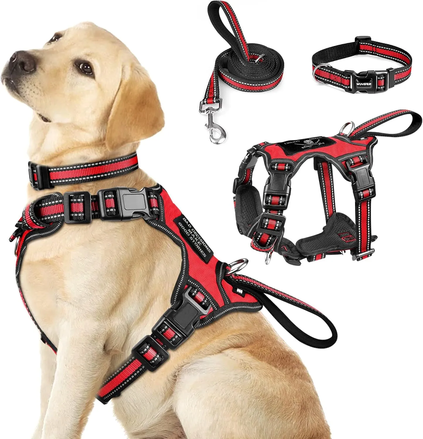 WINSEE Pet Harness Collar and Leash Set, All-in-one Reflective Dog Harness No Pull with Adjustable Buckles for Puppies, Small, Medium, Large, and Extra-Large Dogs (Large, Red)