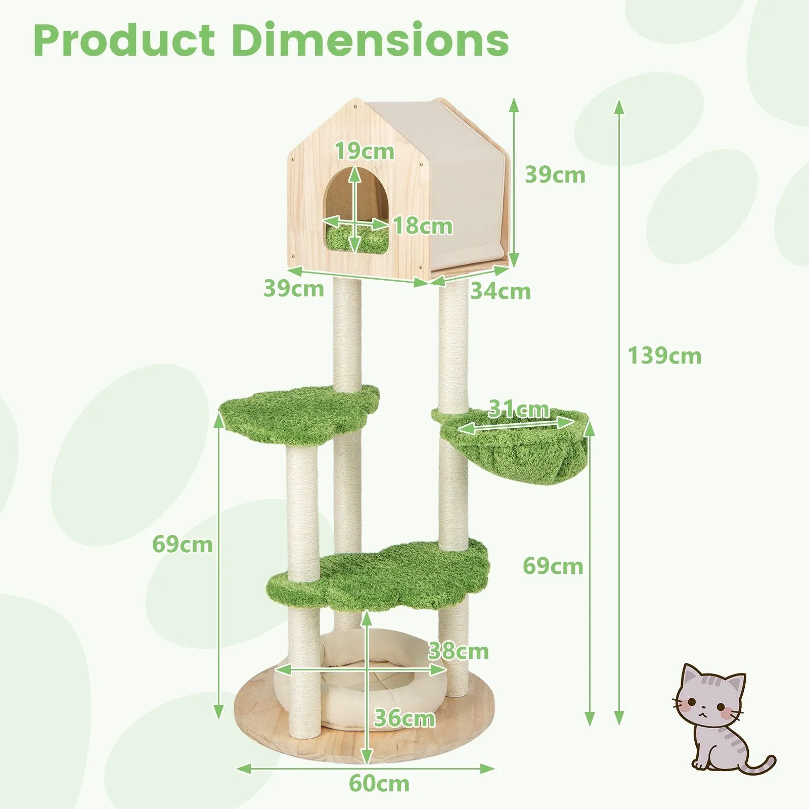 Wooden Cat Tree with Sisal Scratching Posts-Green