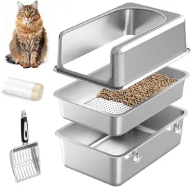 XXL Stainless Steel Sifting Litter Box with Lid for Big Cats,Sifting Cat Litter Box for Wood Pine Pellets,Metal High Side Sifter Litter Pan System for Odor Control,Easy Clean,Include Scoop and Liners