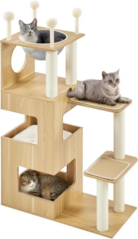 Yaheetech Wooden Cat Tree, 53in Modern Cat Tower for Indoor Cats with Scratching Posts Washable Detachable Cushion, Clear Bowl & Teasing Balls, Multi-Level Heavy Duty Cat Condo Furniture for Large Cat