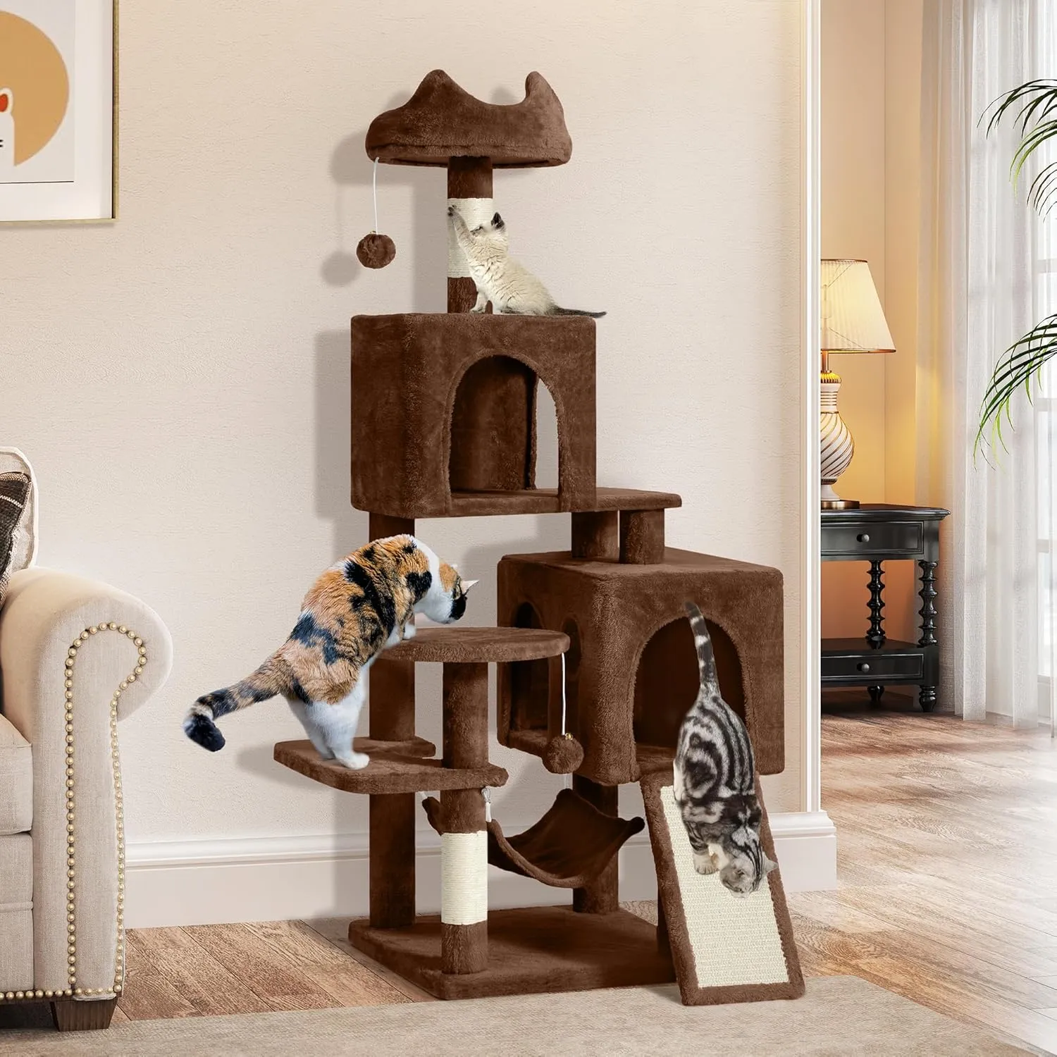 YITAHOME 54in Cat Tree Tower Condo, Multi-Level with Sisal Scratching Post, Cat Condos, Plush Top Perches, Hammock, Space Saving Cat Condo, Dangling Ball, Pet Play House, Perfect Pet Gift, Green
