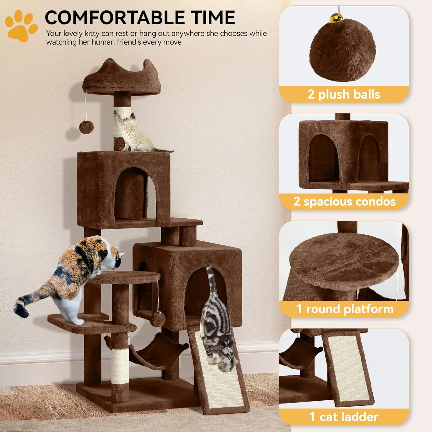 YITAHOME 54in Cat Tree Tower Condo, Multi-Level with Sisal Scratching Post, Cat Condos, Plush Top Perches, Hammock, Space Saving Cat Condo, Dangling Ball, Pet Play House, Perfect Pet Gift, Green
